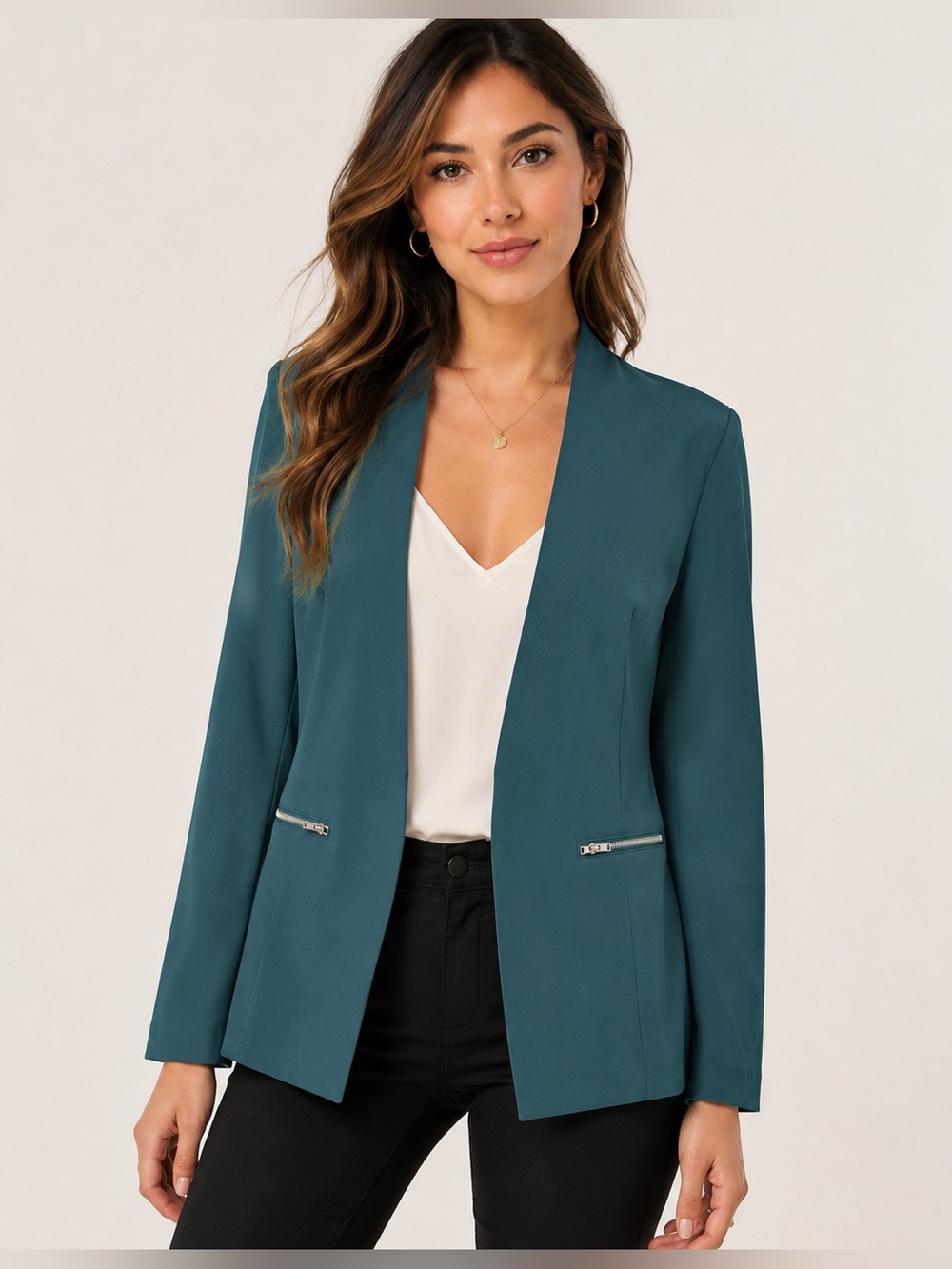 🩷. 1116.  Teal Open Front Blazer with Zipper Pockets